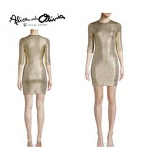 Alice + Olivia Shimmering Gold 3/4 Sleeve Dress NWT.